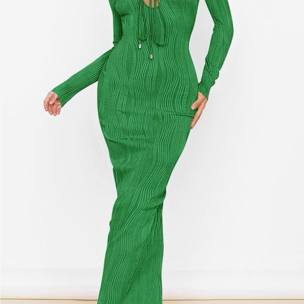 Pretty Garden Tie Front Maxi Dress – Long Sleeve Bodycon Cocktail Dress, Size L - Picture 2 of 16